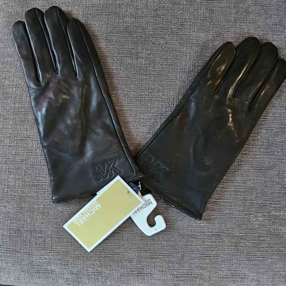 Michael Kors Women's Black Quilted Logo Leather Gloves Size XLar…